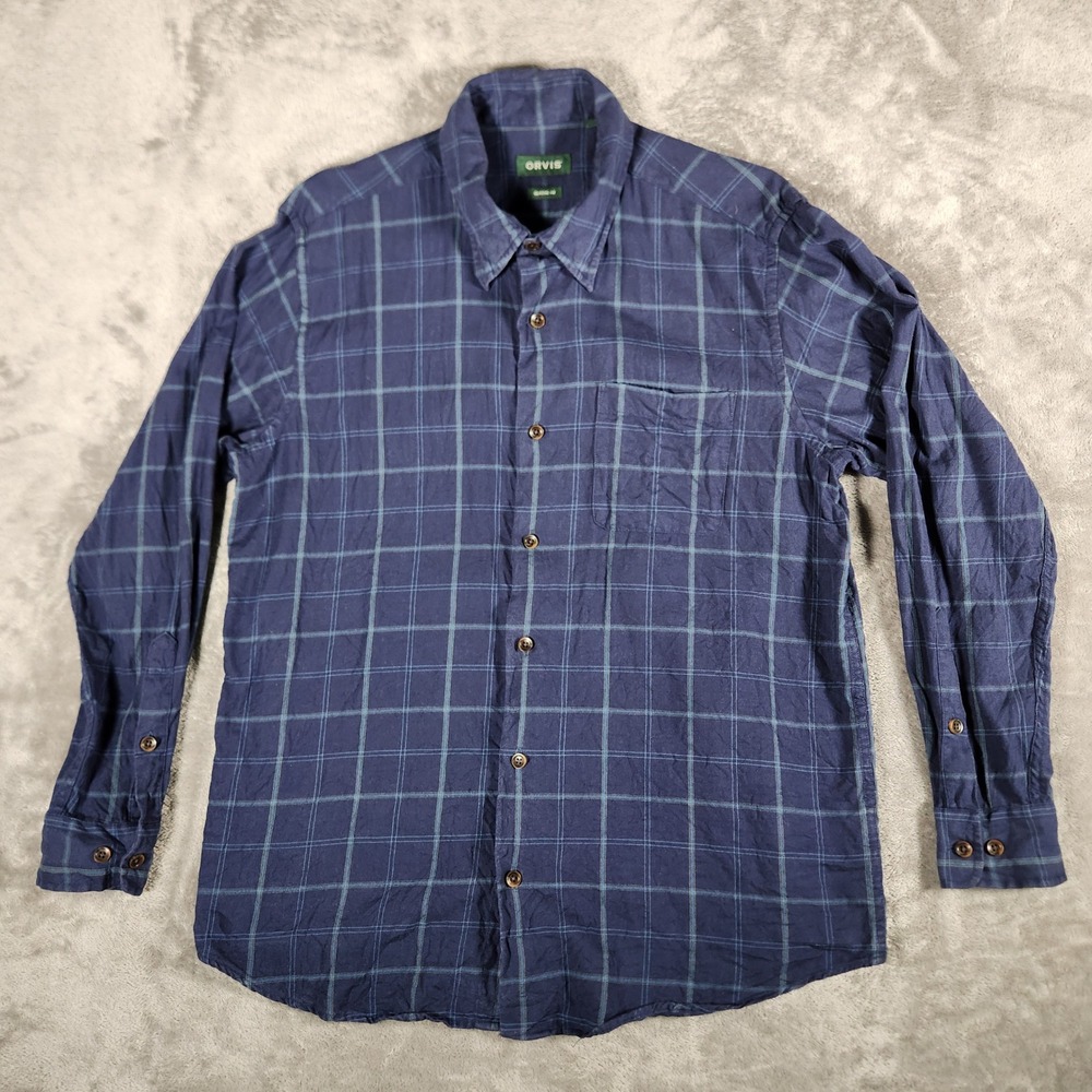 Orvis Button Down Shirt Mens Large Blue Excellent Plaid Cotton Tencel Wool Blend